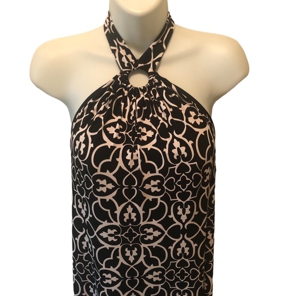 Y2K WHBM Keyhole Halter Top Maxi Dress M Black White Damask Print Slinky Summer - Picture 2 of 8
